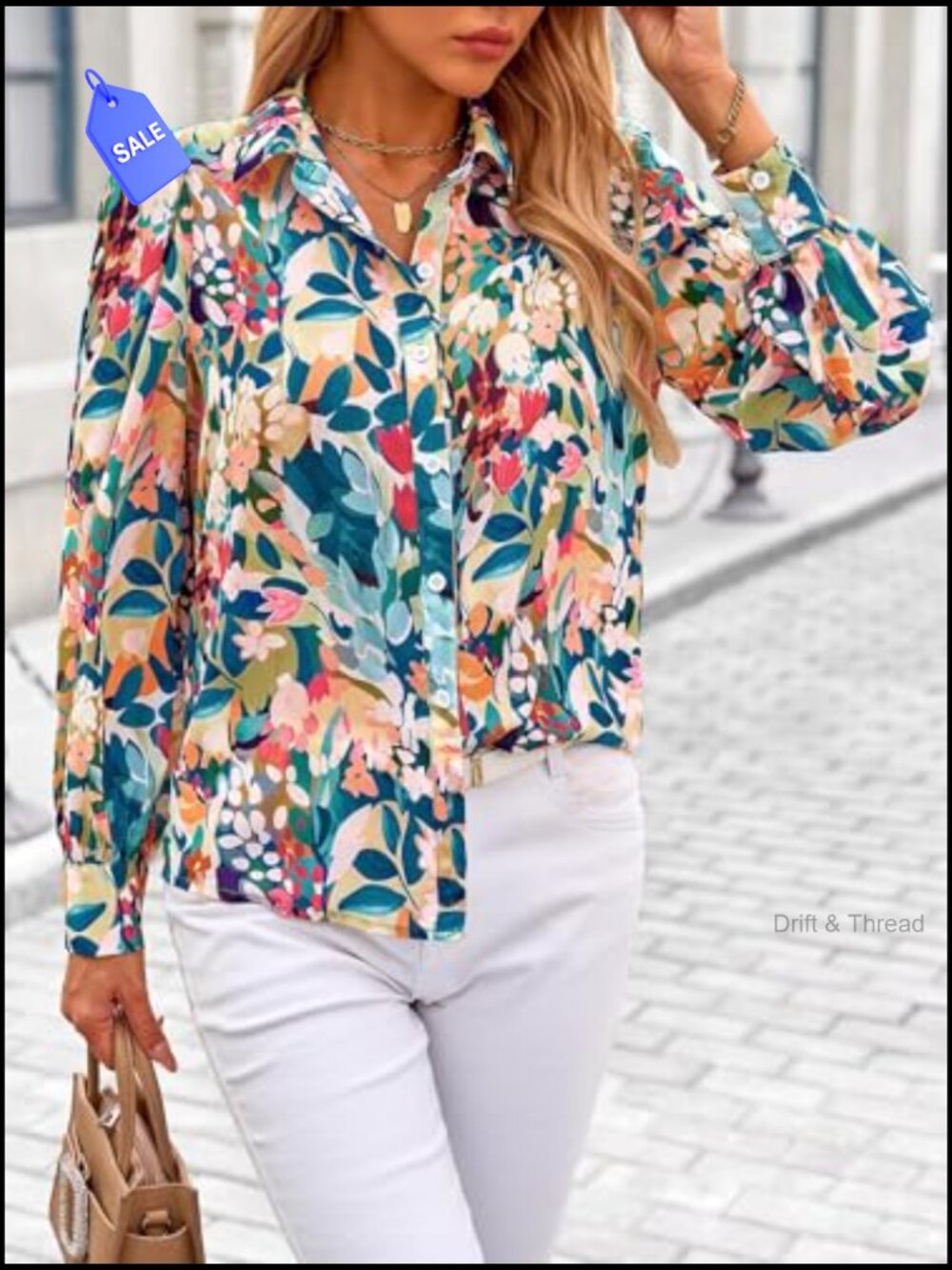 Floral Blouse V-Neck Button Down Lantern Long Sleeve Chiffon Top Boho Shirt - Picture 3 of 7